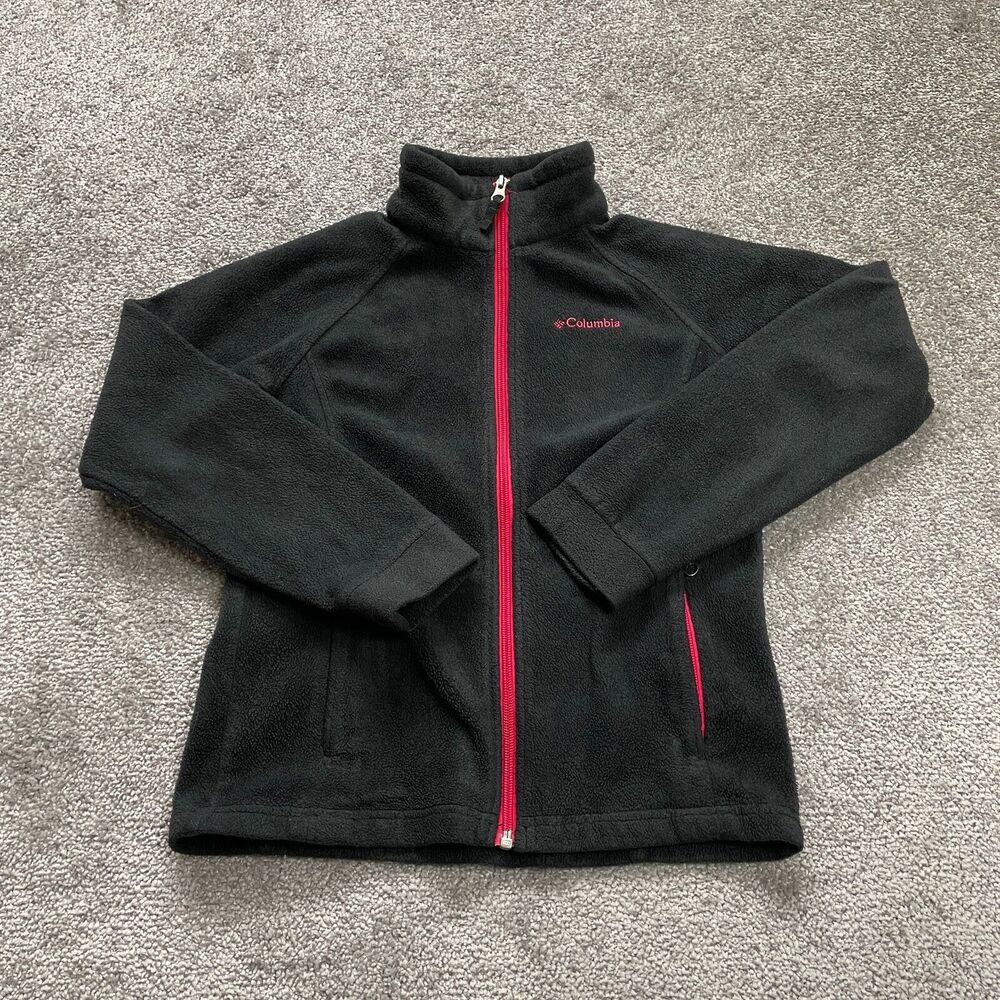 Columbia Fleece Jacket Youth Girl Medium 10/12 Black Full Zip Pocket High Neck